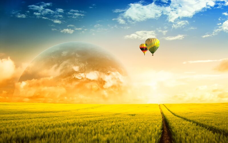 Hot Air Balloons over Field — Yellow, Serene, Sunset