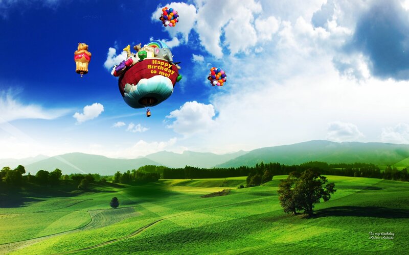 Hot Air Balloons over Fields — Green, Serene, Afternoon
