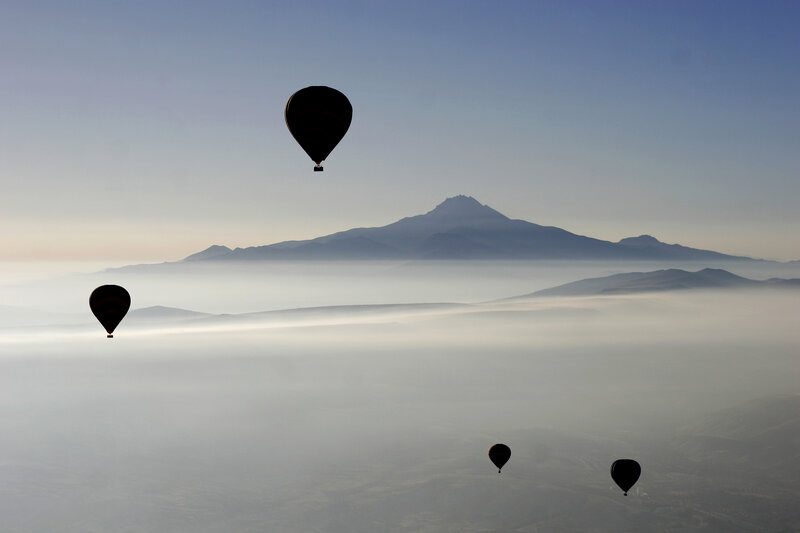Hot Air Balloons over Fog — Blue, Serene
