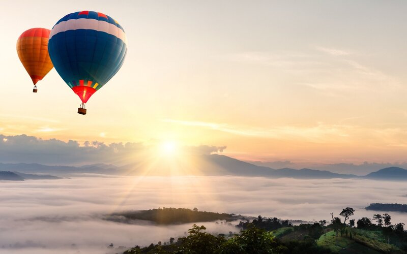 Hot Air Balloons over Fog — Blue
