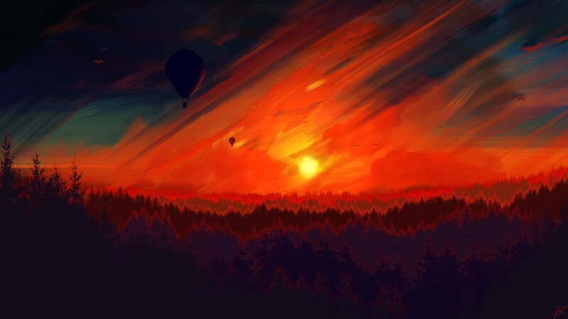 Hot Air Balloons over Forest — Red