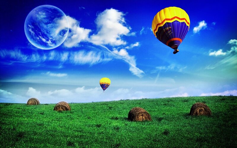 Hot air balloons over green field