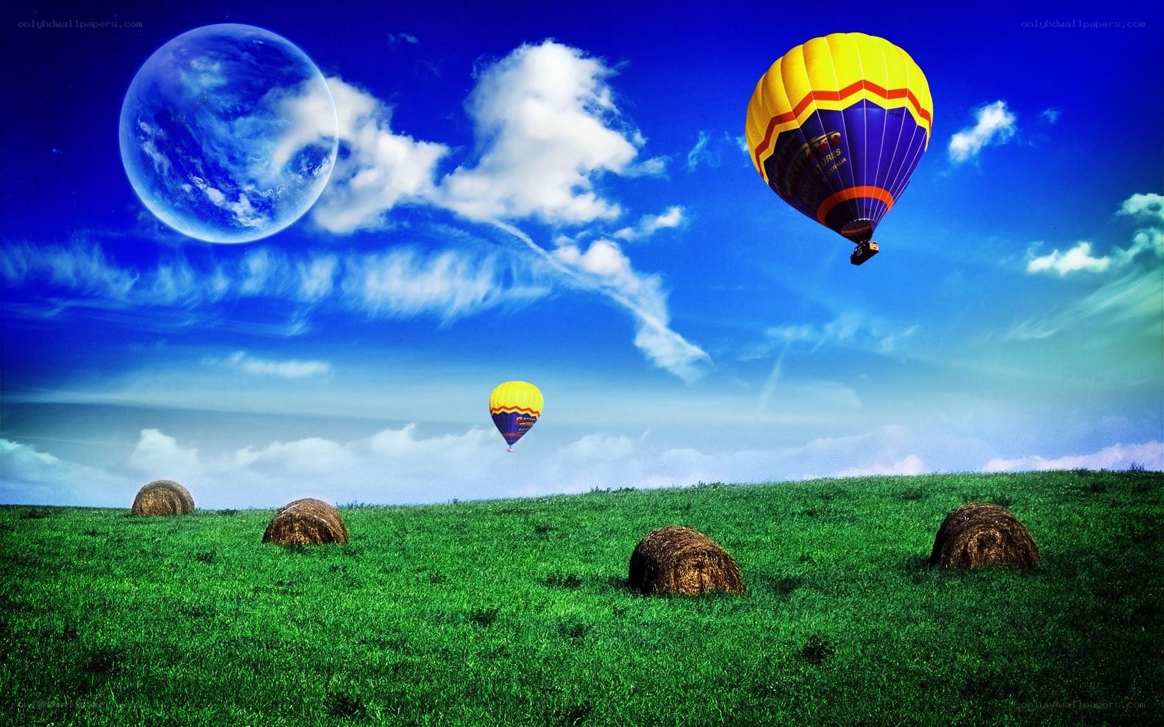 Hot air balloons over green field