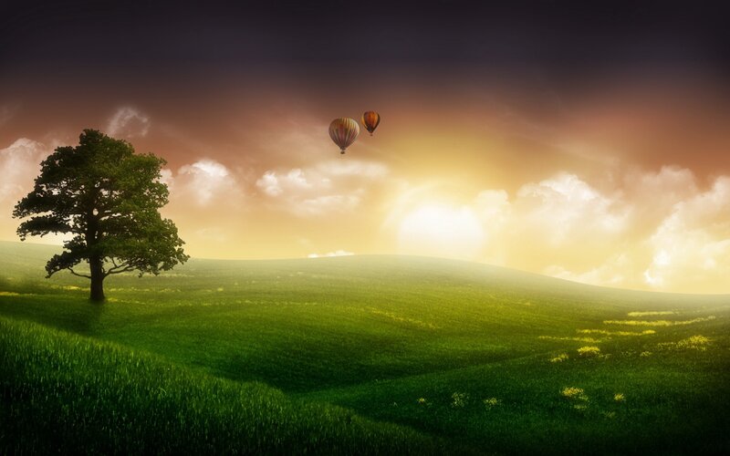 Hot air balloons over green hills