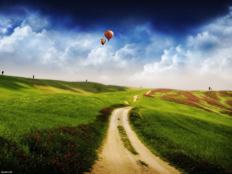Hot air balloons over green hills