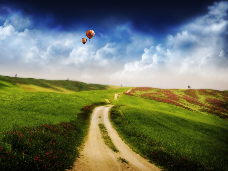 Hot air balloons over green hills