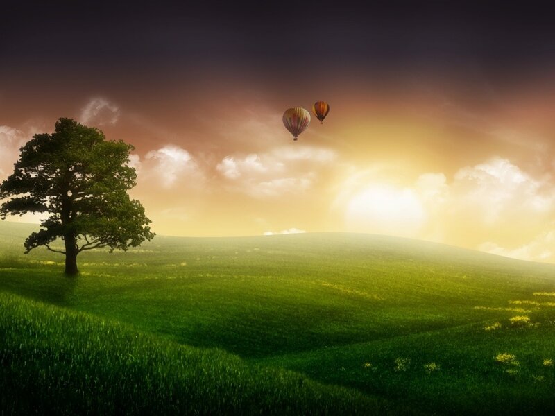 Hot air balloons over green hills