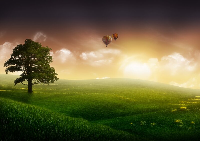Hot air balloons over green hills