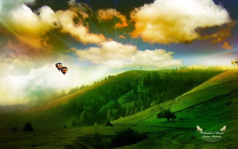 Hot air balloons over green hills