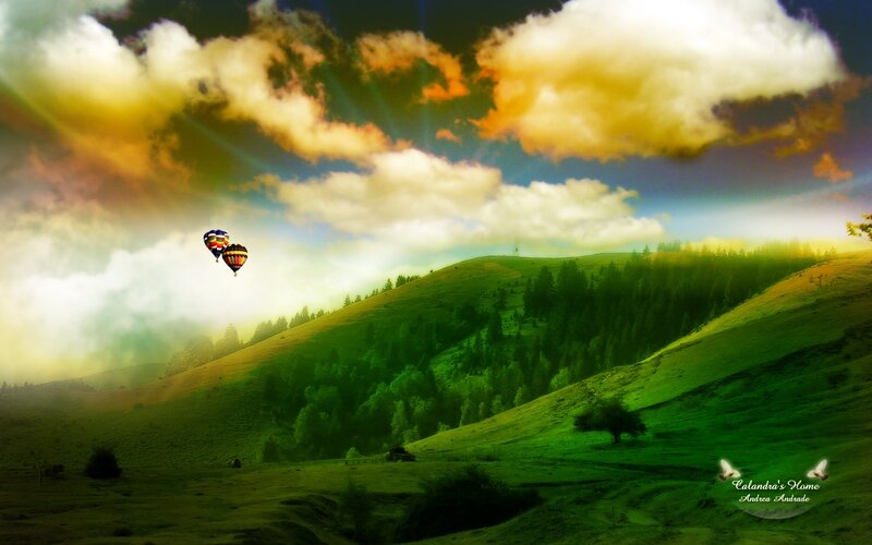 Hot air balloons over green hills