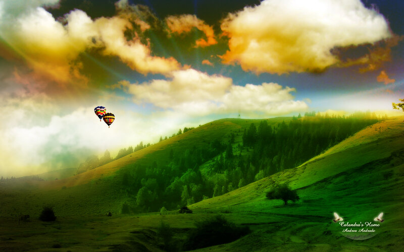 Hot air balloons over green hills