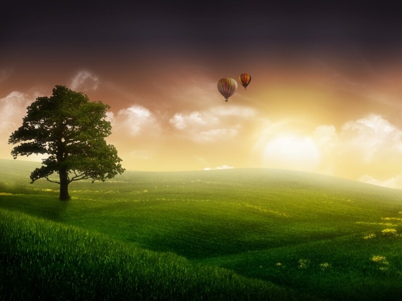 Hot air balloons over green hills