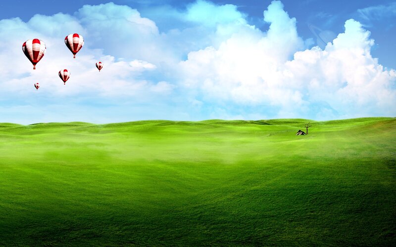 Hot air balloons over green hills