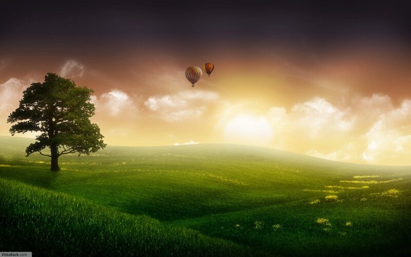 Hot air balloons over green hills