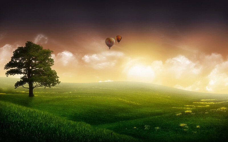 Hot air balloons over green hills