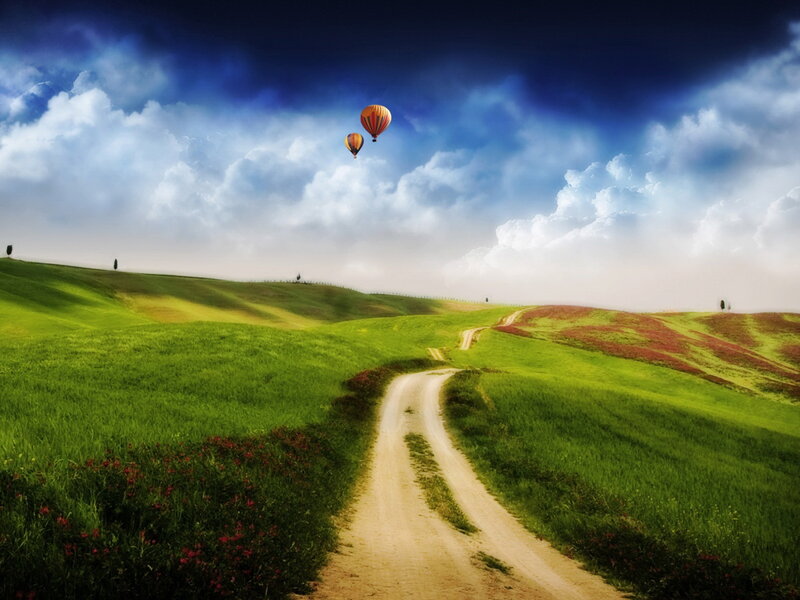Hot air balloons over green hills