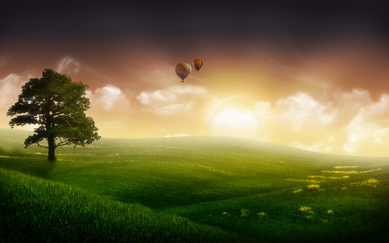 Hot air balloons over green hills