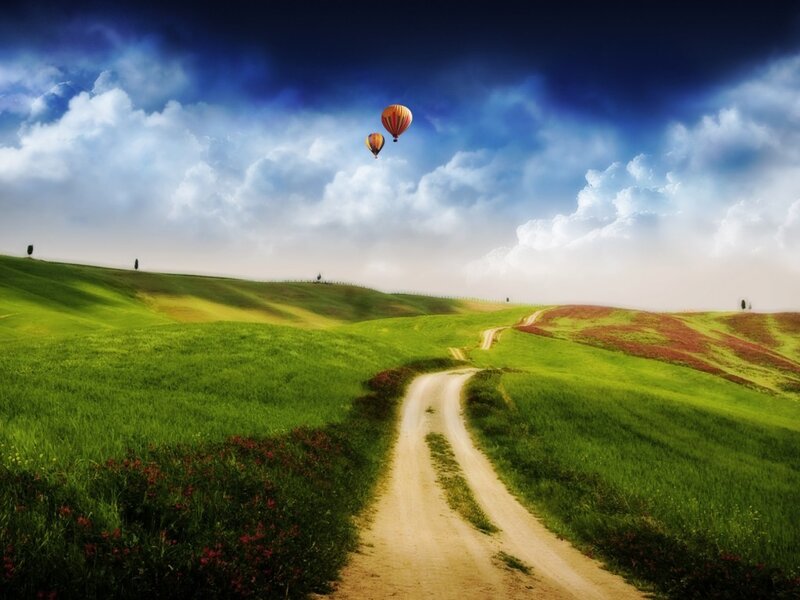 Hot air balloons over green hills