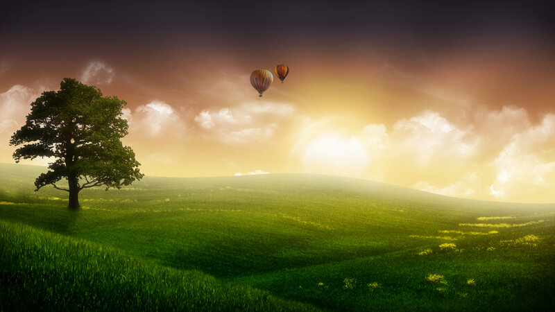 Hot air balloons over green hills