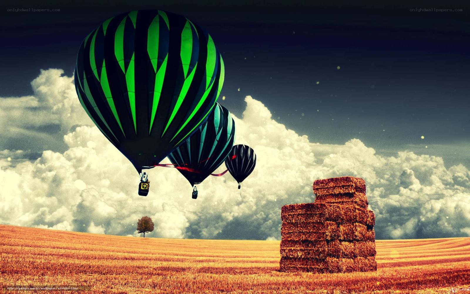 Hot air balloons over hay bales