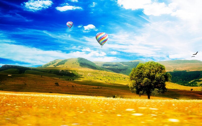 Hot Air Balloons over Hills — Blue