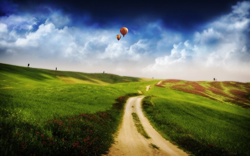 Hot Air Balloons over Hills — Green, Dramatic