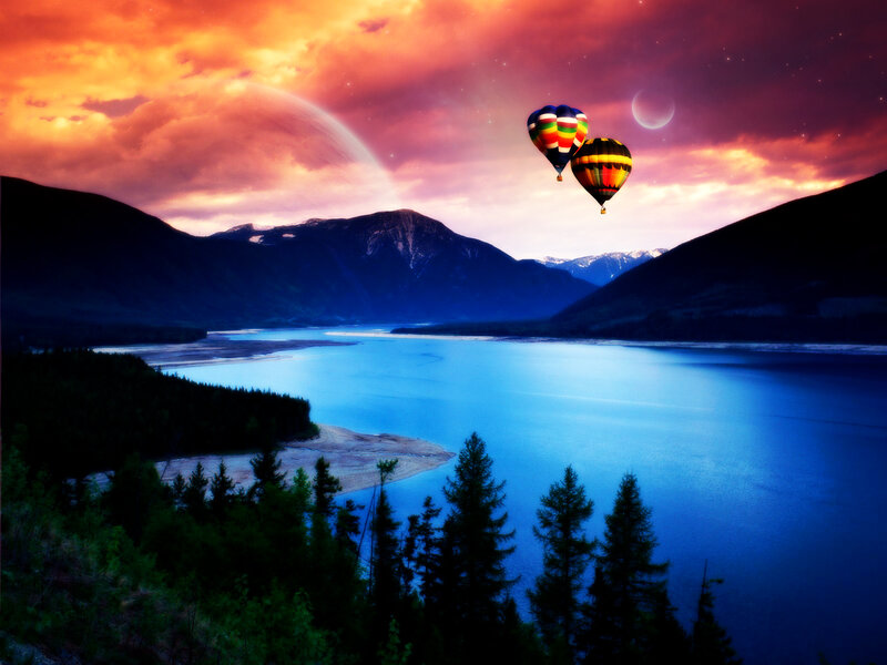 Hot Air Balloons over Lake — Blue, Dramatic, Sunset