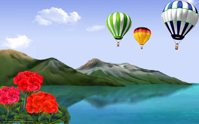 Hot Air Balloons over Lake — Blue, Serene, Afternoon, Digital Art, Mountains
