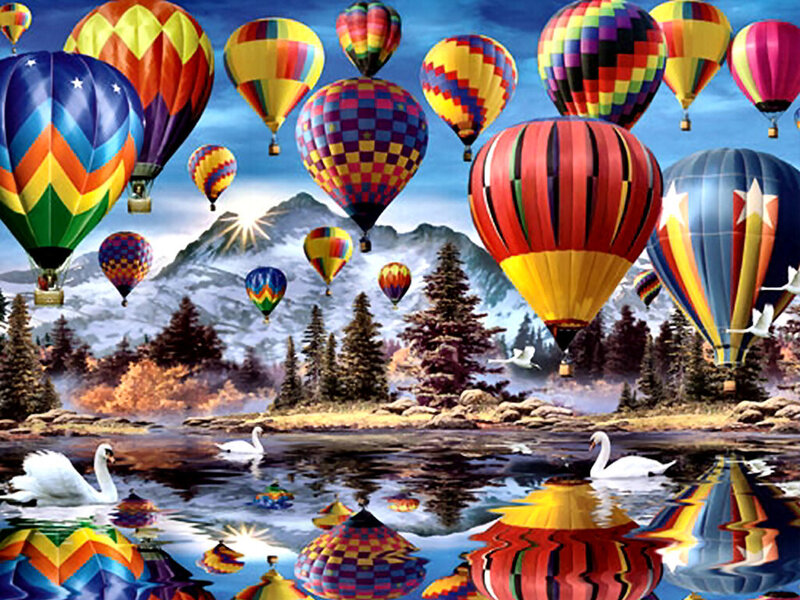 Hot Air Balloons over Lake — Blue, Serene, Morning, Digital Art
