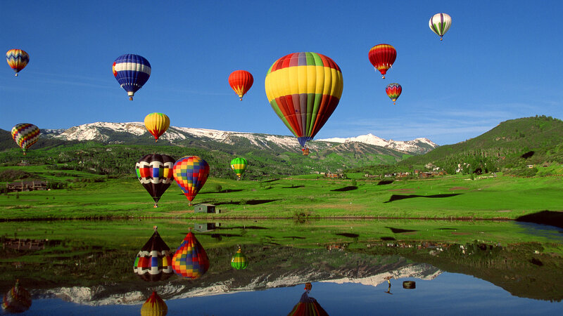 Hot Air Balloons over Lake — Blue, Serene, Morning, Photograph, Mountains