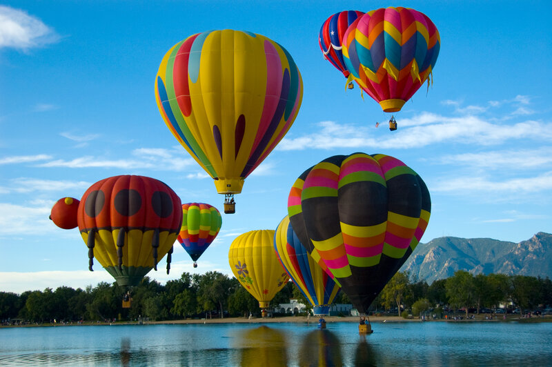 Hot Air Balloons over Lake — Blue, Serene