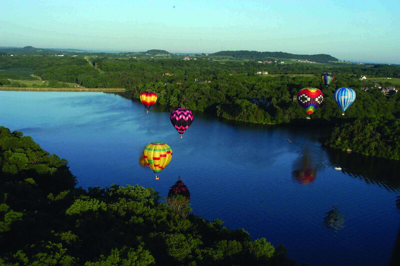 Hot Air Balloons over Lake — Blue