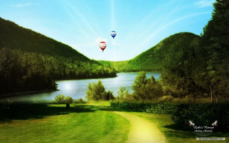 Hot Air Balloons over Lake — Green