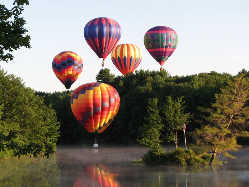 Hot Air Balloons over Lake — Red