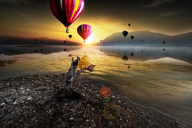 Hot Air Balloons over Lake — Yellow, Serene