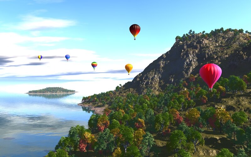 Hot Air Balloons over Landscape — Blue