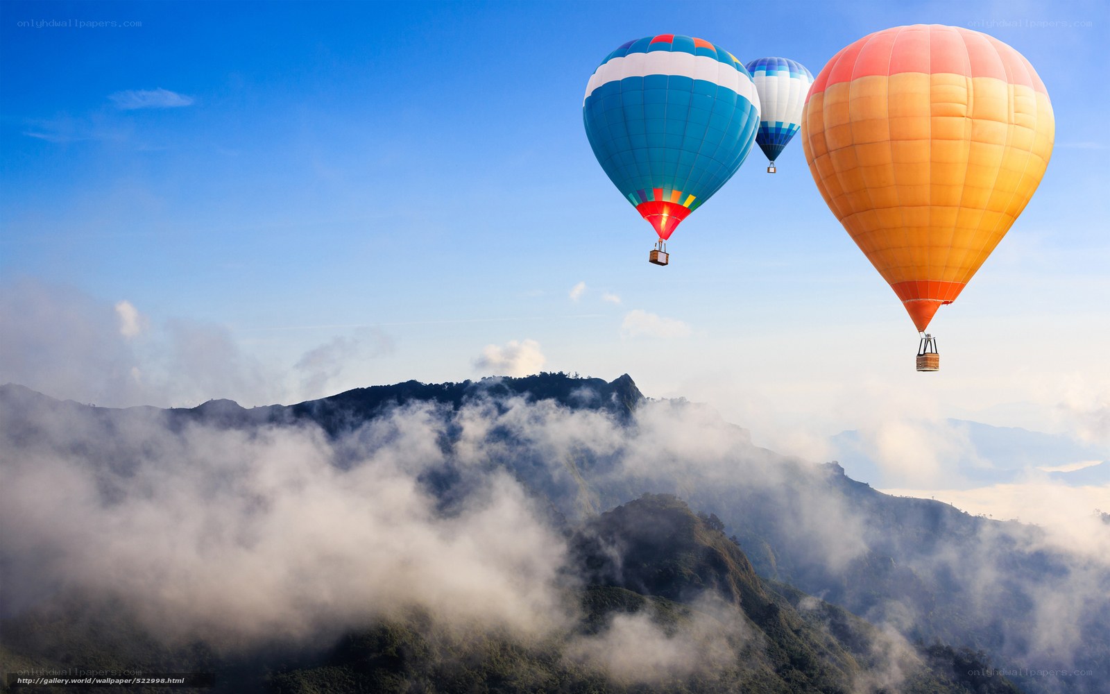 Hot air balloons over mountains