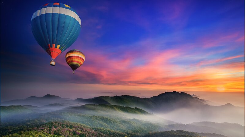 Hot Air Balloons over Mountains — Blue, Serene, Sunrise, Photograph, Clouds, Sky