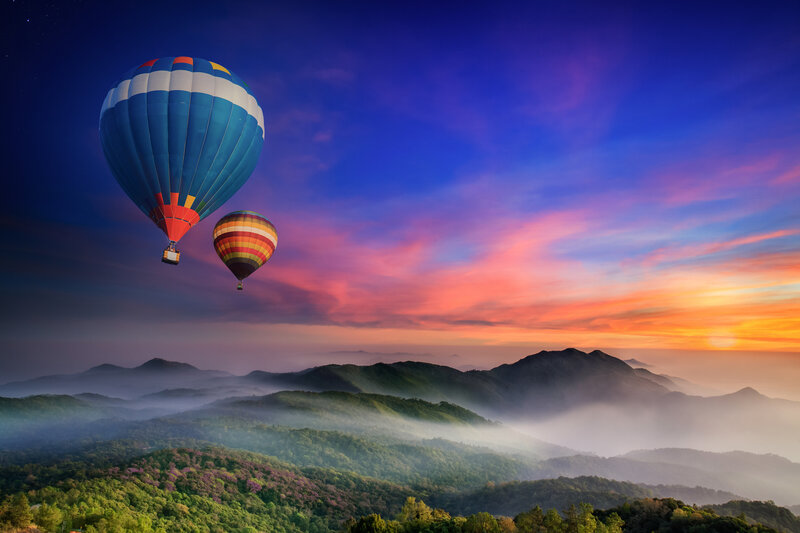 Hot Air Balloons over Mountains — Blue, Serene, Sunrise, Photograph