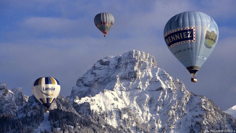 Hot Air Balloons over Mountains — Blue, Serene