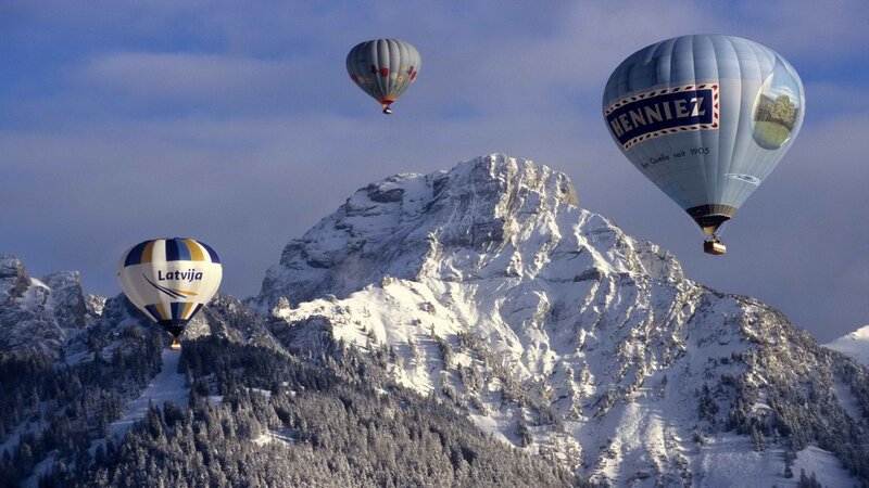 Hot Air Balloons over Mountains — Blue, Serene, Winter, Photograph