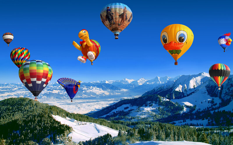 Hot Air Balloons over Mountains — Blue, Serene, Winter