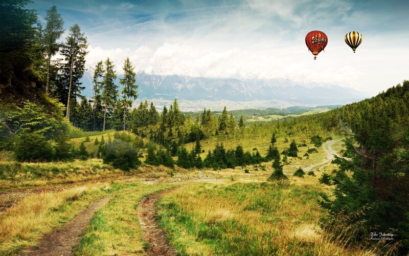 Hot Air Balloons over Mountains — Green