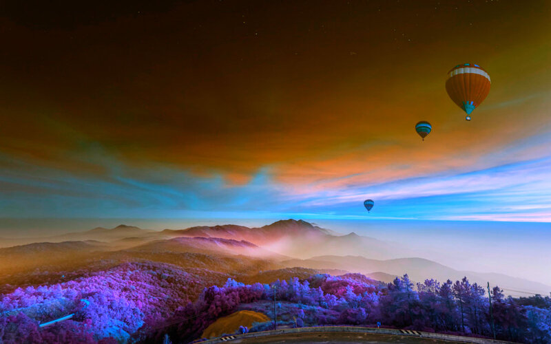 Hot Air Balloons over Mountains — Purple