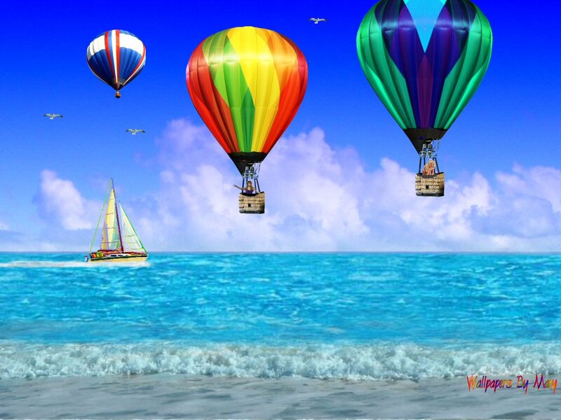 Hot Air Balloons over Ocean — Blue
