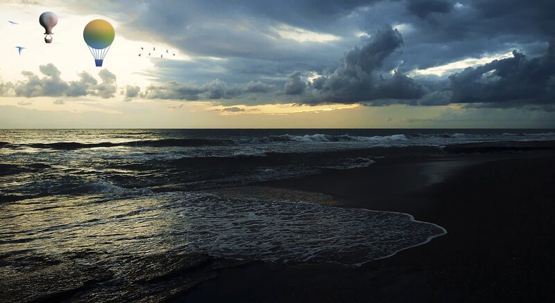 Hot Air Balloons over Ocean — Gray
