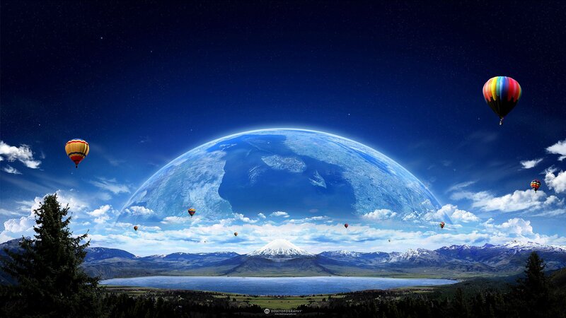 Hot Air Balloons over Planet — Blue