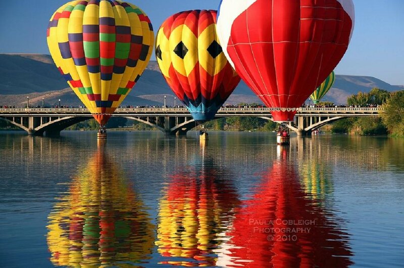Hot Air Balloons over River — Red