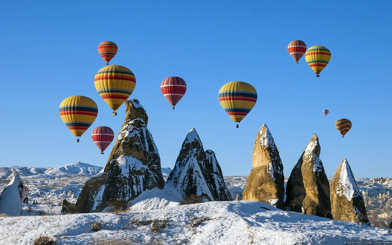 Hot Air Balloons over Rock Formations — Blue, Serene