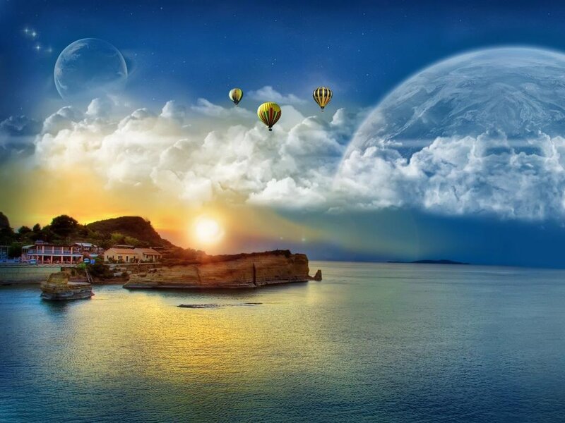 Hot Air Balloons over Sea — Blue